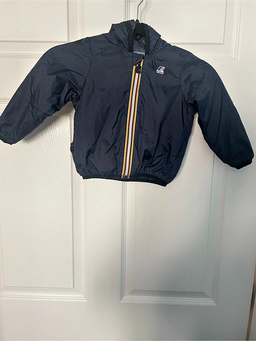 K-Way Paris Striped Hooded Puffer Jacket navy Blue. Baby 18M. Unisex.